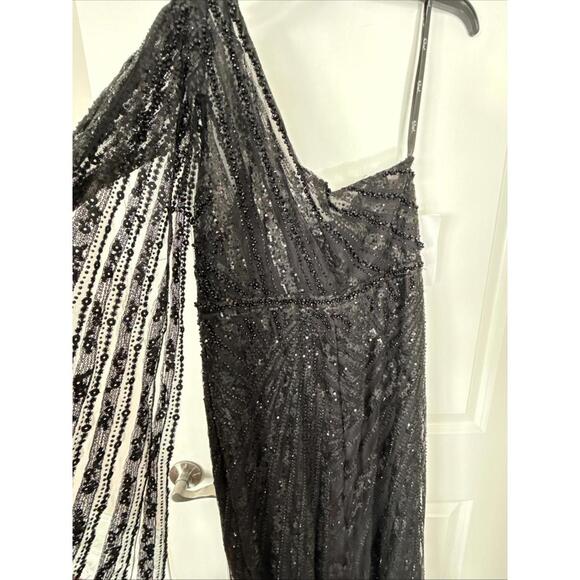 $898 Mac Duggal Asymmetric Sequined Black Gown Formal Wedding Dress Size 12 - Picture 10 of 11